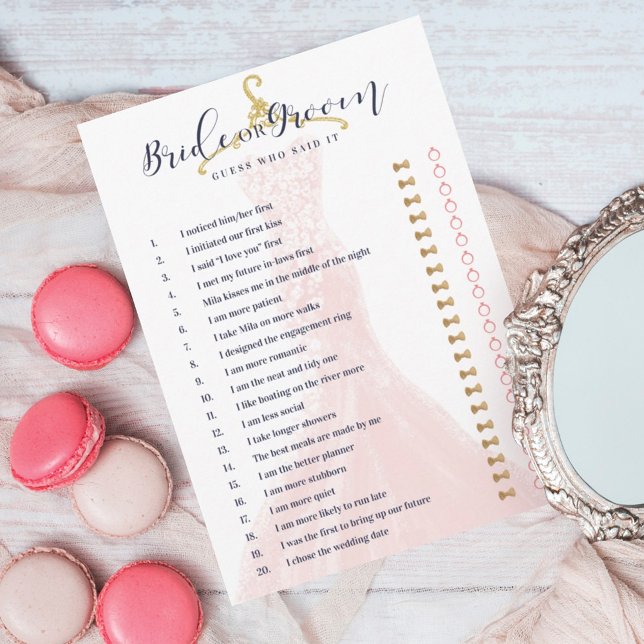 Bride or Groom Chic Pink Wedding Dress Shower Game Invitation (Bridal Shower Guess Who Said It Game)