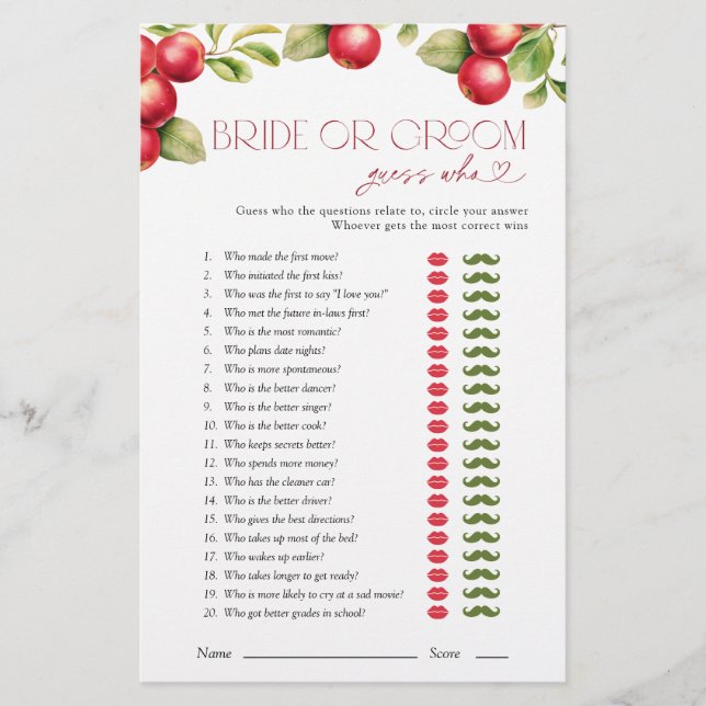 Bride Or Groom Guess Who Apple Bridal Shower (Front)