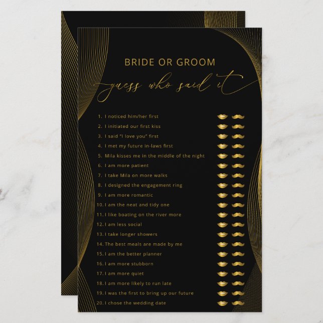 Bride or Groom Guess Who Said it Game Black & Gold (Front/Back)