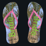 Bride Palm Trees Blue Sky Thongs<br><div class="desc">Cool Palm Trees with a Pretty Blue Sky in the background Unisex Flip Flops with Bride written in a nice green colour text, and Date of Marriage in black text. PERSONALIZE with your Wedding DATE (or delete text). Feel the ocean breeze and tropics beneath your feet. Shown with Slim Pink...</div>