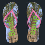 Bride Palm Trees Blue Sky Thongs<br><div class="desc">Cool Palm Trees with a Pretty Blue Sky in the background Unisex Flip Flops with Bride written in a nice green colour text, and Date of Marriage in black text. PERSONALIZE with your Wedding DATE (or delete text). Feel the ocean breeze and tropics beneath your feet. Shown with Slim Pink...</div>