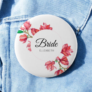Bride Pink White Floral Magnolia Wedding 6 Cm Round Badge