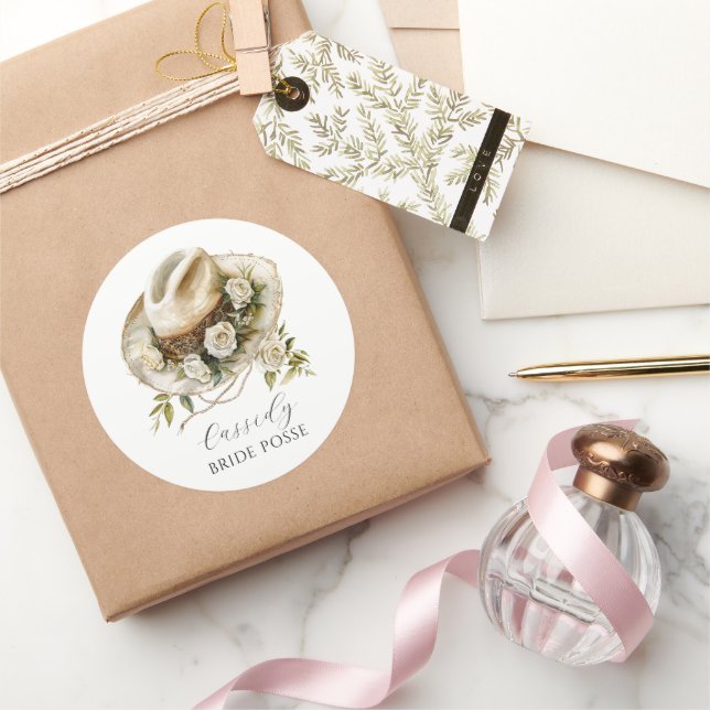 Bride Posse Floral Cowgirl Hat Custom Name  Classic Round Sticker (Gifting)