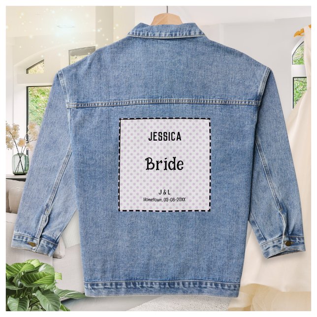 Bride Pretty Polka Dot Custom Bridal Party Wedding Denim Jacket (A denim jacket for a bride, with customizable section on the back, including name and wedding date)