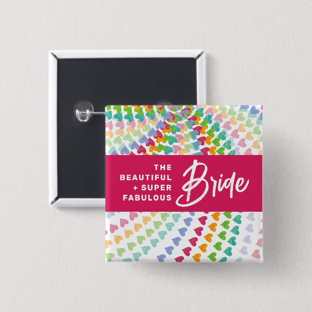 BRIDE Rainbow Hearts Sprinkles Wedding Name Tag 15 Cm Square Badge (Front & Back)