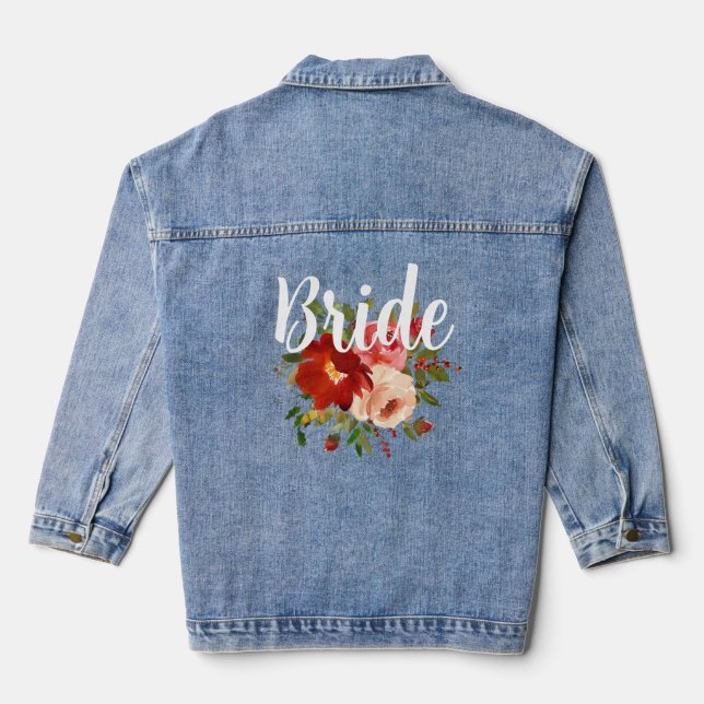 Bride Red Cream Poppy Roses Denim Jacket (Back)
