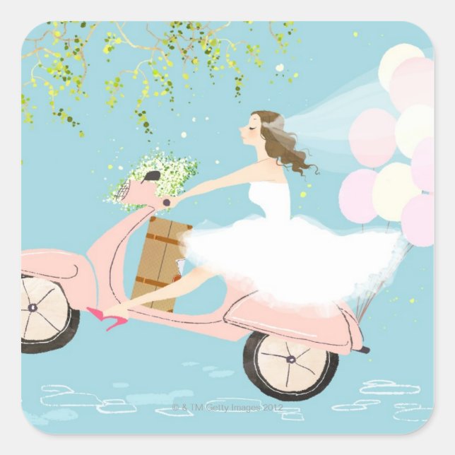 Bride Riding a Scooter Square Sticker (Front)