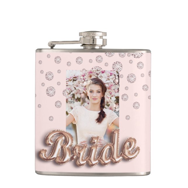 Bride rose gold blush diamonds bachelorette hip flask (Front)