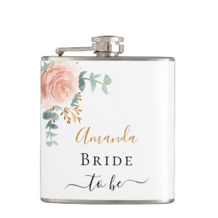 Bride rose gold floral eucalyptus bachelorette hip flask