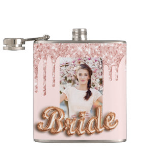 Bride rose gold glitter drips photo bachelorette hip flask
