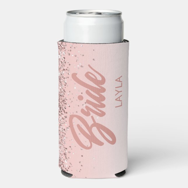 Bride Rose Gold Glitter Script Personalised Name Seltzer Can Cooler (Seltzer Back)