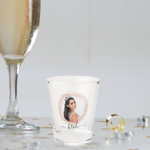 Bride rose gold photo glitter name script shot glass
