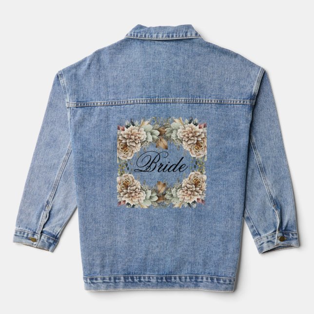 Bride Script Modern Watercolor Floral Wedding Denim Jacket (Back)