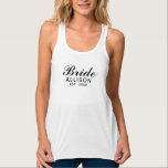 Bride Script White Black Established Date Name Singlet<br><div class="desc">Show your style in this Bride Script White Black Established Date Name tank top. The text is black script "Bride" centred on front side. Personalised with bride's name and established year of wedding. Great gift idea for bridal shower, bachelorette party and honeymoon. CLICK PERSONALIZE TEMPLATE OPTION AND FOLLOW THE PROMPTS...</div>