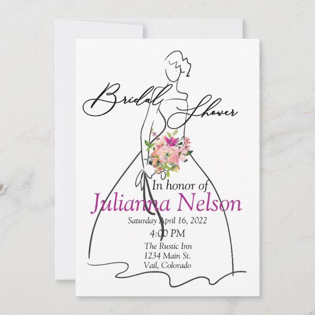 Bride silhouette and Pink floral bridal shower  Invitation (Front)
