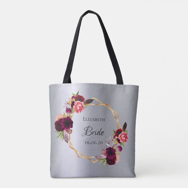 Bride silver burgundy flowers elegant tote bag (Back)