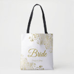 Bride Simple Elegant Wedding Tote Bag White Gold<br><div class="desc">These Bride tote bags are designed to coordinate with our Gold Foil Elegant Wedding Suite and is fully customisable. Simple design includes gold script text with a floral border over a white background. All text is customisable. Great memento of your special day!</div>