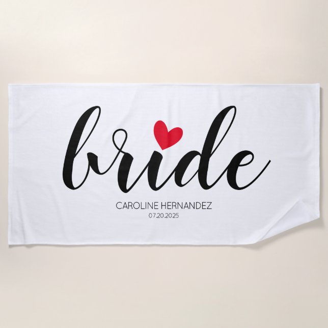 Bride Simple Text with Red Heart Custom Beach Towel (Front)