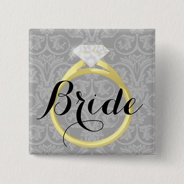 Bride Solitaire Ring Bridal Wedding Party Button (Front)
