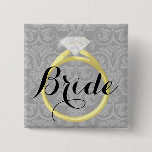 Bride Solitaire Ring Bridal Wedding Party Button
