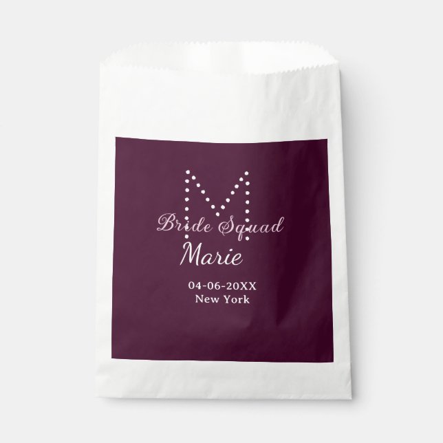 Bride squad add name monogram bridesmaid mauve  favour bag (Front)