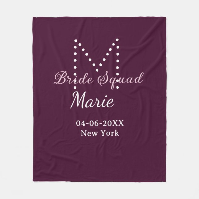 Bride squad add name monogram bridesmaid mauve  fleece blanket (Front)