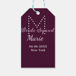 Bride squad add name monogram bridesmaid mauve  gift tags