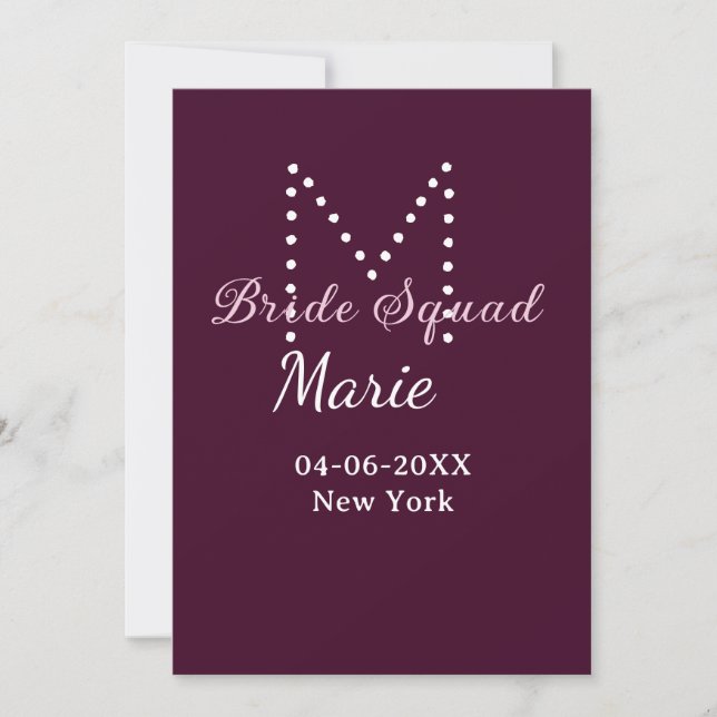 Bride squad add name monogram bridesmaid mauve  invitation (Front)