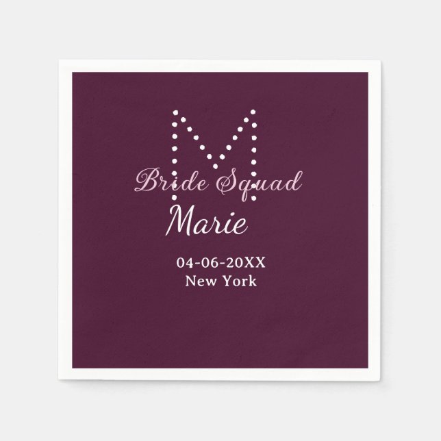 Bride squad add name monogram bridesmaid mauve  napkin (Front)