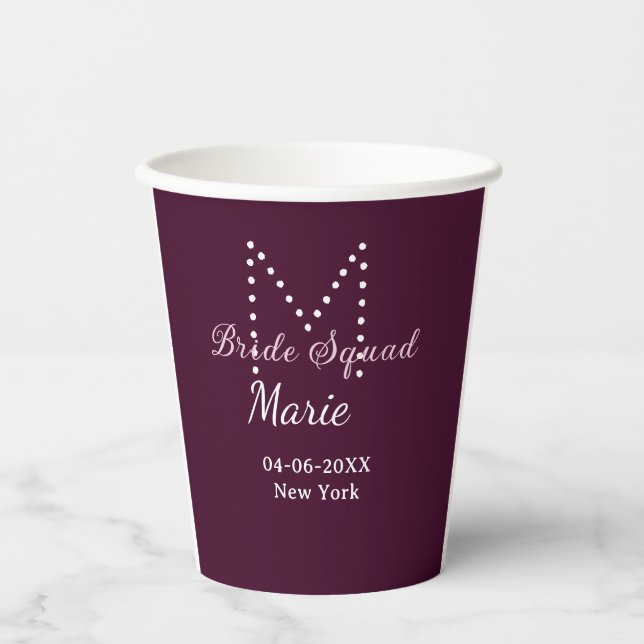 Bride squad add name monogram bridesmaid mauve  paper cups (Front)