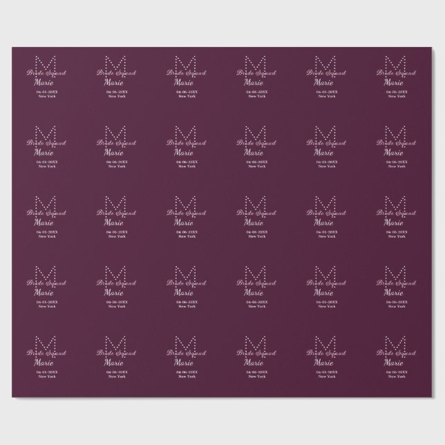 Bride squad add name monogram bridesmaid mauve  wrapping paper (Flat)