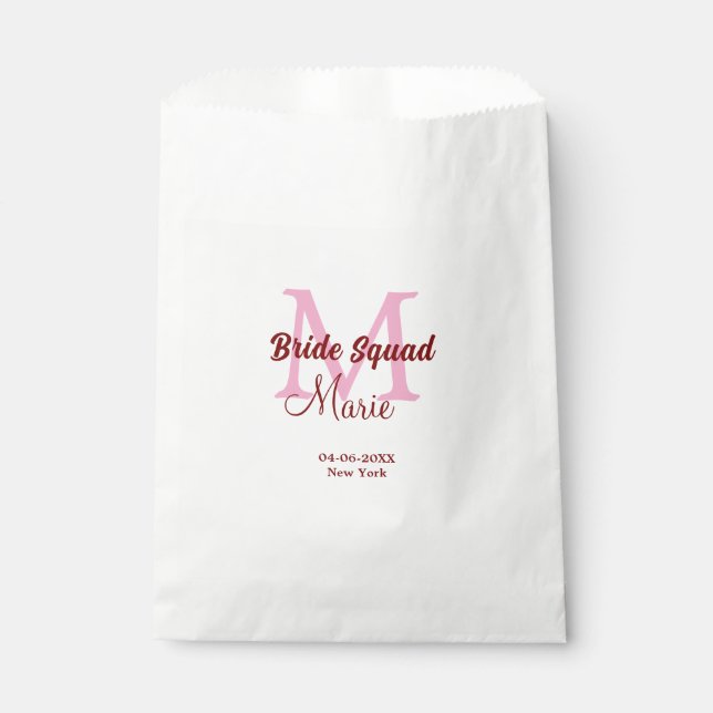 Bride squad add name monogram bridesmaid pink date favour bag (Front)