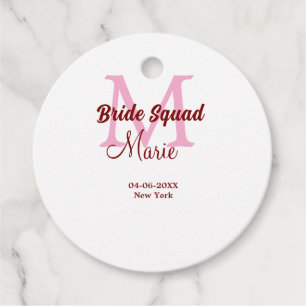 Bride squad add name monogram bridesmaid pink date favour tags