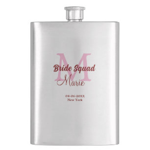 Bride squad add name monogram bridesmaid pink date hip flask