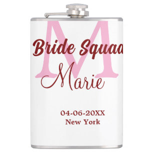 Bride squad add name monogram bridesmaid pink date hip flask