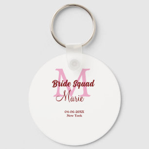 Bride squad add name monogram bridesmaid pink date key ring