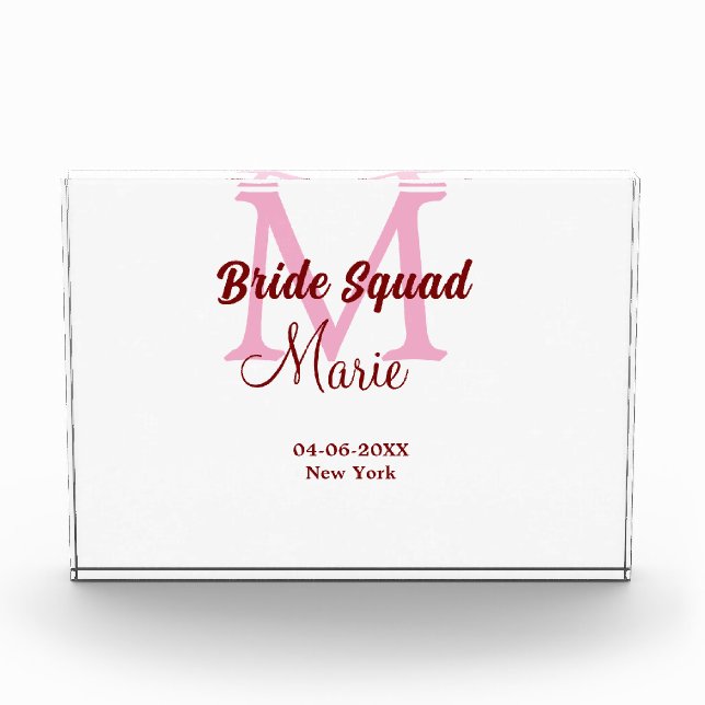 Bride squad add name monogram bridesmaid pink date photo block (Front)
