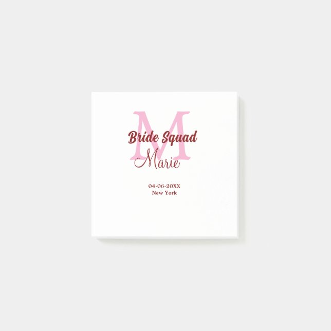 Bride squad add name monogram bridesmaid pink date post-it notes (Front)