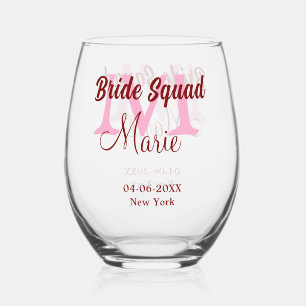 Bride squad add name monogram bridesmaid pink date stemless wine glass