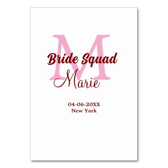 Bride squad add name monogram bridesmaid pink date table number (Front)