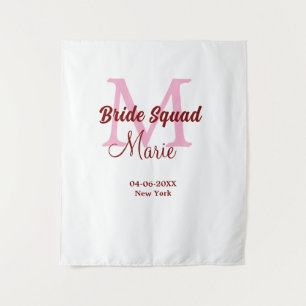 Bride squad add name monogram bridesmaid pink date tapestry