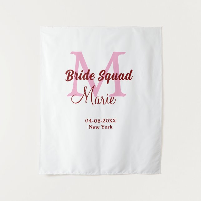 Bride squad add name monogram bridesmaid pink date tapestry (Front)