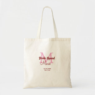 Bride squad add name monogram bridesmaid pink date tote bag