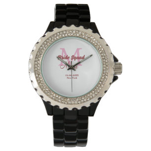 Bride squad add name monogram bridesmaid pink date watch