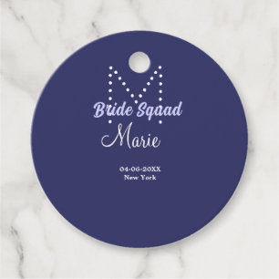 Bride squad add name monogram bridesmaid purple wh favour tags