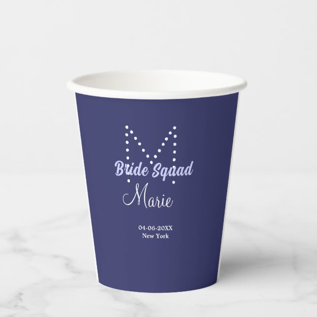 Bride squad add name monogram bridesmaid purple wh paper cups (Front)