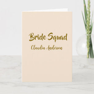 Bride squad bridesmaid name golden orange wedding card