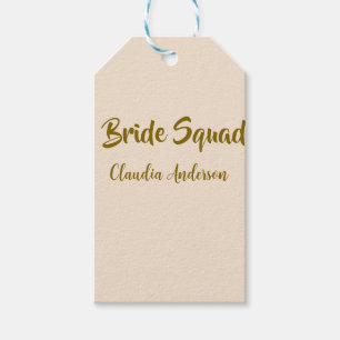 Bride squad bridesmaid name golden orange wedding gift tags