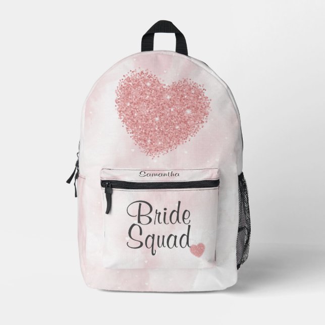 Bride Squad Bridesmaid Pink Printed Backpack (Front)