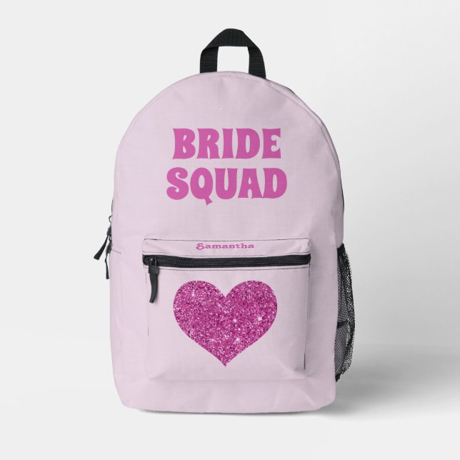 Bride Squad Bridesmaid Pink Printed Backpack (Front)
